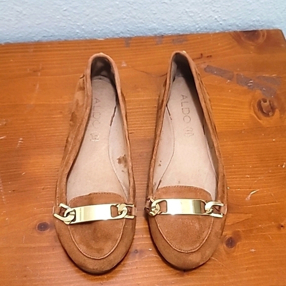 ALDO SUECE WOMEN'S FLAT LOAFERS WITH GOLD DETAILS AROUND THE SHOES IN BROWN SZ 7 - Picture 3 of 14